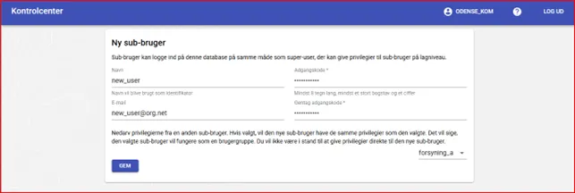 Eksempel på udfyldning af felterne til oprettelse af ny bruger i Map Connect Admin-Admin
