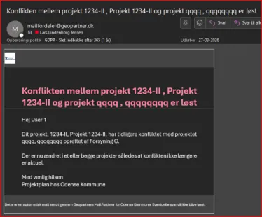 Eksempel på mail til bruger når konflikt mellem 2 projektområder er løst