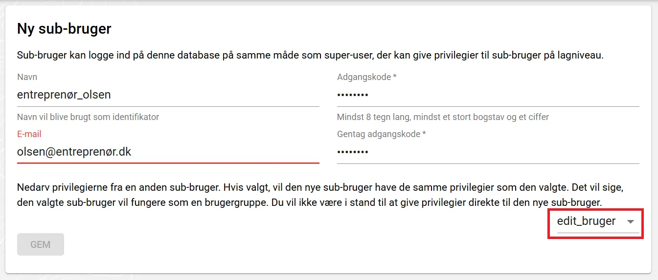 Brugeroplysninger for ny sub-bruger. Vælg sub-bruger til nedarvning via dropdown (rød boks).