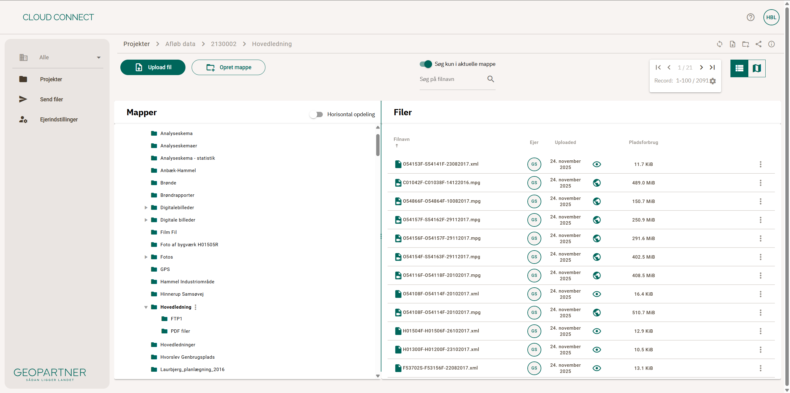 Afløbs-tv-data organiseret i mapper og filer i Cloud Connect