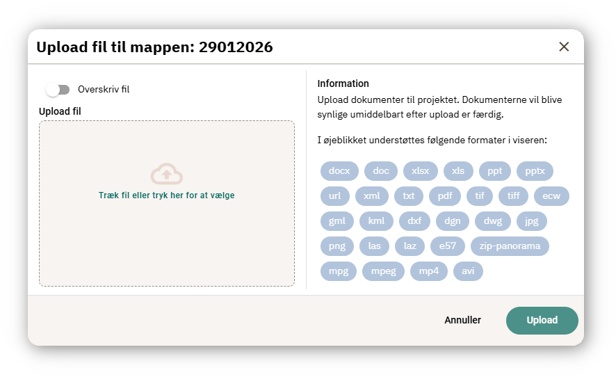 Dialog til upload af filer