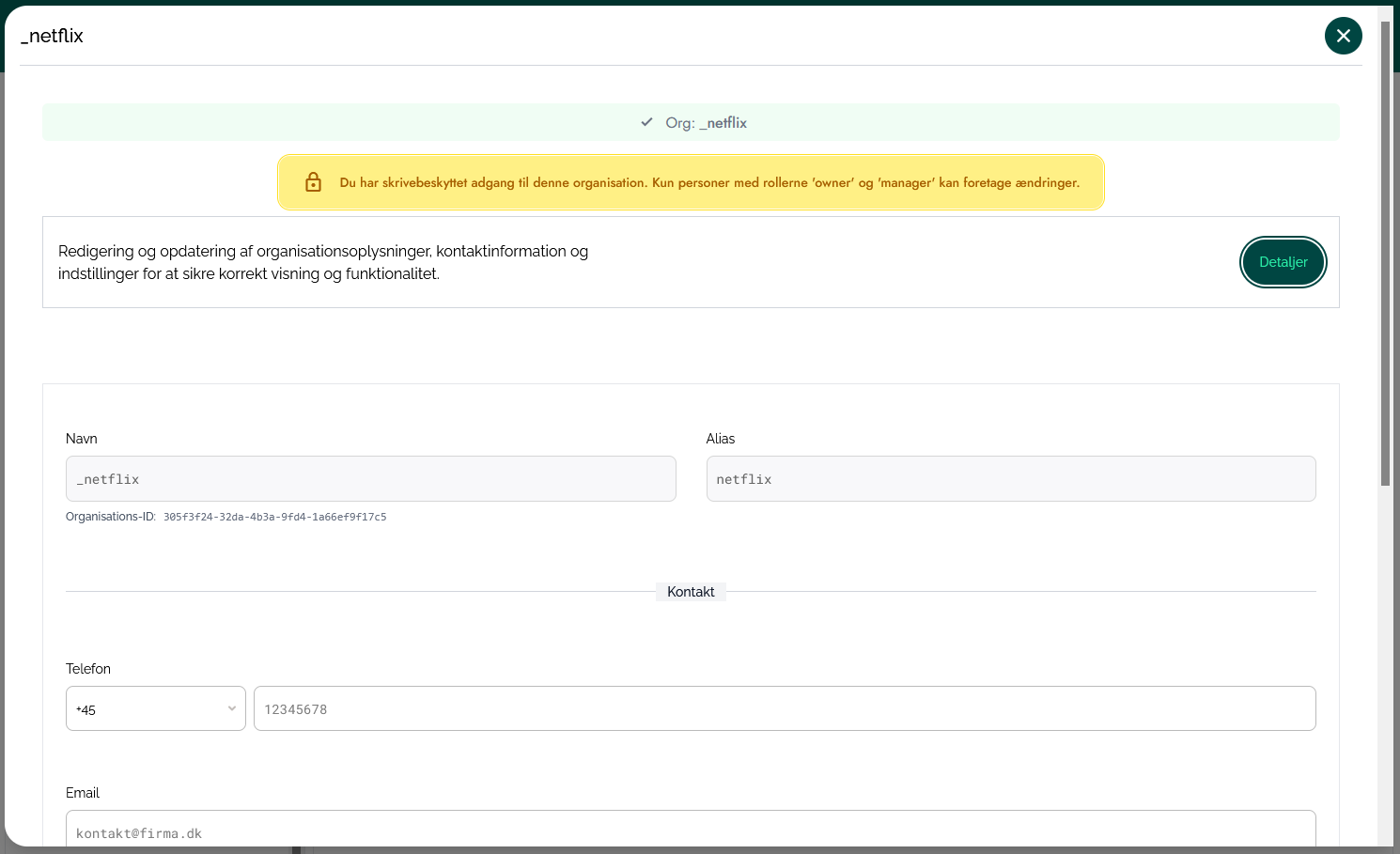 Dashboard for brugeren herunder hvordan denne administrerer organisationen