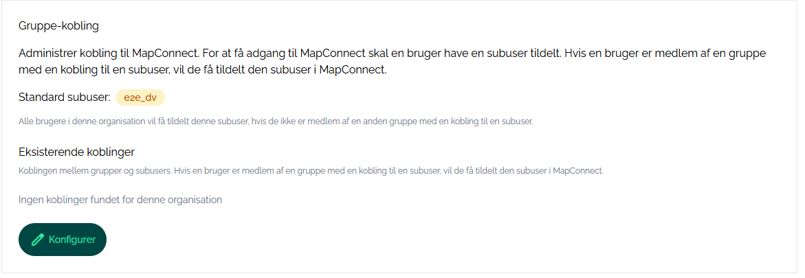 Indstillinger og oversigt over eksisternde koblinger i Map Connect Admin