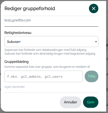 Redigering af gruppeforhold og rettighedsniveau for den enkelte bruger