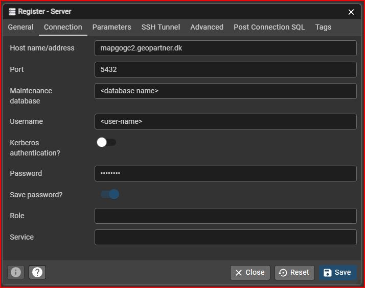 Opsætning på fanen 'Connection' ved forbindelse til Map Connect-databasen i pgAdmin