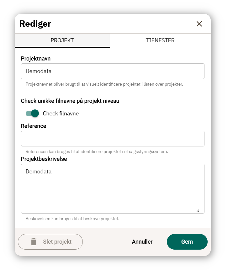 Rediger projektets egenskaber