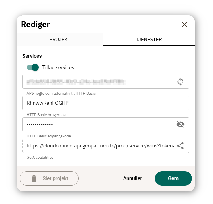 Indstillinger for projektets tjenester