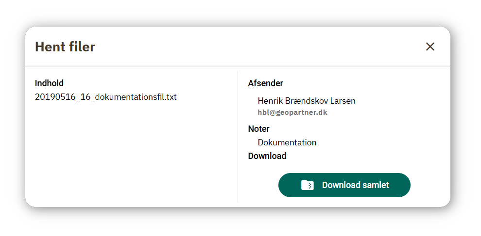 Downloadside med delingens filer, afsender og note