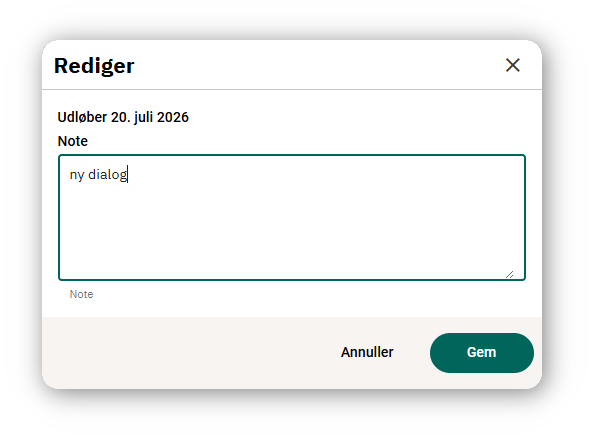 Dialog til redigering af en delings note