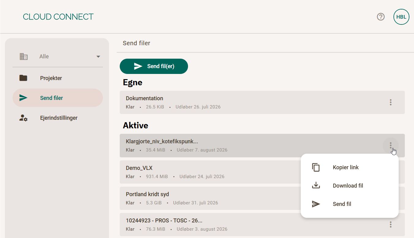 Undermenu for en deling under Aktive